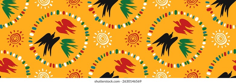African Abstract ethnic seamless pattern with hand drawn birds of freedom and sun. Geometric horizontal background. Juneteenth celebration background. Vector doodle illustration.