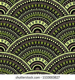 African abstract floral batik print vector seamless pattern. Oriental motifs geo repeating illustration. South african folk overlapping circular shapes seamless geometric pattern.