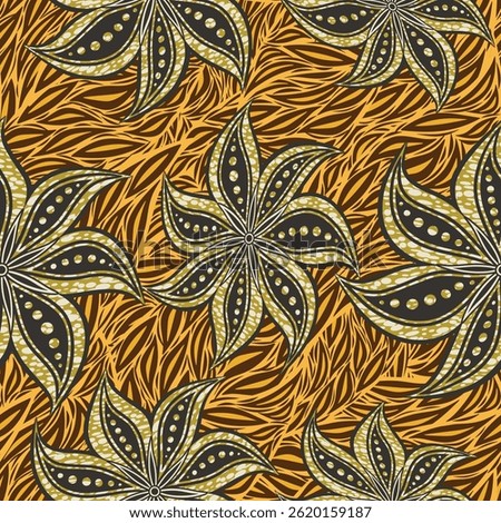 African Abstract Floral Batik Wax Style Traditional Frabric Motive Repeat Seamless Pattern Vector Design