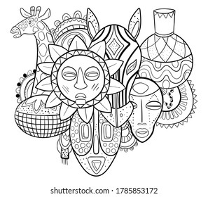 African Abstract Tribal Illustration Vector print with traditional masks and other cultural elements. Coloring book for adults, outline.