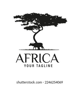 African Acacia Tree with African Buffalo Silhouette for Safari Adventure Logo Design Vector