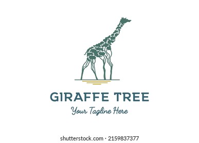 African Acacia Tree Giraffe for Savanna Safari Logo Design Vector