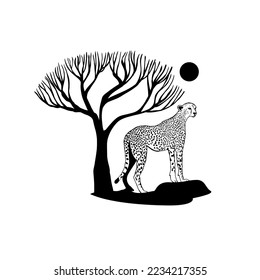 African Acacia Tree with Tiger Jaguar Leopard Cheetah Puma Panther Silhouette for Safari Adventure . Logo cheetah and tree silhouette. Vector illustration