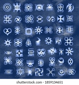 African Adinkra Pattern - digital art ritual symbols and screen printing nations and tribes Akans of Ghana and Cote DIvoire. Kitsch style