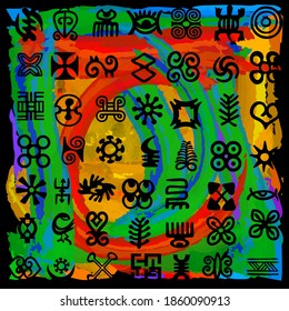 African Adinkra Pattern - rituelle Symbole der digitalen Kunst und Siebdruck Nationen und Stämme Akans von Ghana und Cote DIvoire. Kitsch-Stil