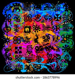 African Adinkra Pattern - digital art ritual symbols and screen printing nations and tribes Akans of Ghana and Cote DIvoire. Kitsch style