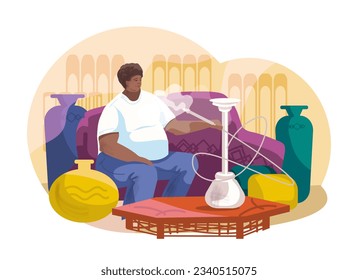 African adult client sitting on couch and smoking in pub. Traditional oriental, Asian leisure concept. Diverse people relaxing in lounge zone. Flat vector illustration in cartoon style