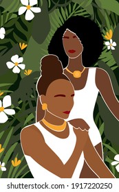 African adult woman couple portrait. Abstract minimalist african adult woman artwork for design party invitation, t shirt print, fashionable shop poster