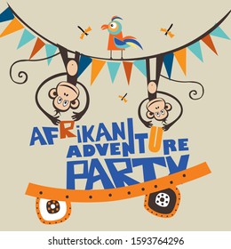 African adventure party. Animals in cartoon style. Monkeys and a parrot. Vector illustration for posters and postcards.