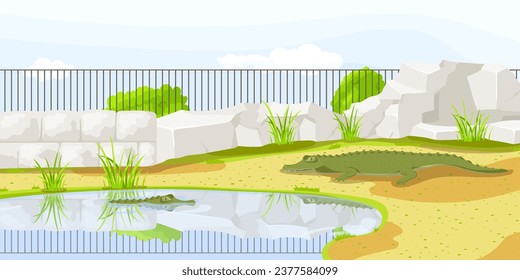 African alligator lying near fence with pond in zoo enclosure. Safari vacation. Natural wildlife. Cartoon design. Cute crocodile character. Picturesque landscape. Wild savanna. Vector illustration