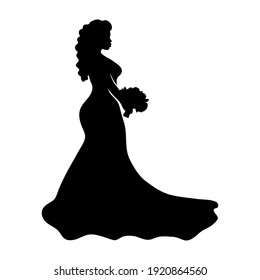 African Ameircan Woman In A Wedding Dress Silhouette Illustration On A White Background