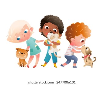 Afroamerikanisches Mädchen und kaukasisches Mädchen und Junge umarmt mit Hunden, multinationale Gruppe von Kindern Charaktere spielen Haustiere, Kinder und Welpen Illustration. Vektorgrafik Handgezeichnete Clipart Cartoon Set.