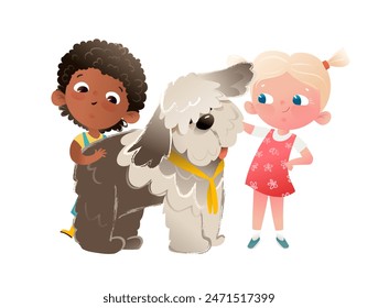 African Amerian girl and caucasian girl hugging playing with best friend dog, Multinational children characters illustration with pets, kids and puppies. Vector hand drawn cartoon.