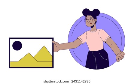 African americam woman artist 2D linear cartoon character. Web designer with picture. Visual content maker isolated line vector person white background. Creative job color flat spot illustration