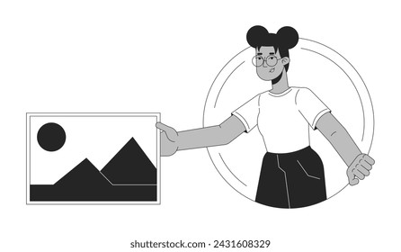 African americam woman artist black and white 2D line cartoon character. Web designer with picture. Visual content maker isolated vector outline person. Creative monochromatic flat spot illustration