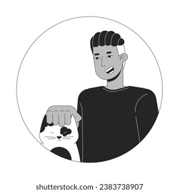 African american adult man petting cat black and white 2D vector avatar illustration. Braided black male pet owner outline cartoon character face isolated. Kitten being petted flat user profile image