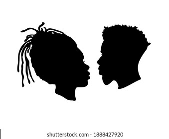 African American Afro female, male face vector silhouettes. Black couple portraits for wedding romantic design.Profile man and woman head drawing illustration with hairstyles of dreadlocks.Human love