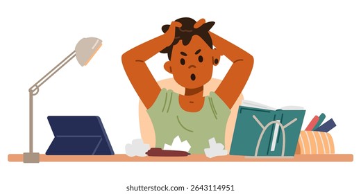 African American angry primary school boy studying at home having problems with homework sitting at desk flat vector illustration isolated on white. 