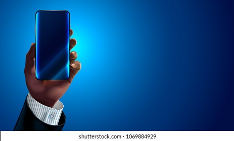 African American or Asiatic hand of the businessman in business suit holding a modern smartphone. Mock up blank. Empty screen of mobile application.