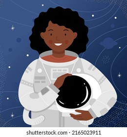 African american astronaut stands on the background of the starry sky. Woman cosmonaut portrait. Vector flat illustration.