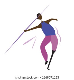 African American athlete with a prosthetic leg throws a spear or jumps with a pole. Flat vector stock illustration with disabled man or woman with black skin isolated on white background