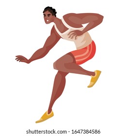 African american athlete runs fast in competitions trying to run first, isolated object on white background,