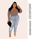 African american attractive young girl in casual outfit. woman wearing modern blue jeans, brown long sleeve top and high hell shoes. Plus size dark skin model with natural long curly hair. 