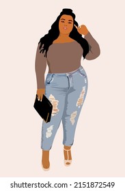 African american attractive young girl in casual outfit. woman wearing modern blue jeans, brown long sleeve top and high hell shoes. Plus size dark skin model with natural long curly hair. 