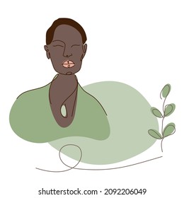 African, American avatar face of woman and eucalyptus leaf, simple shapes. Vector illustration in flat design
