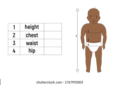 African American Baby body measurements for tailoring and sewing. Table with waist, chest and hips measuring. Vector illustration.