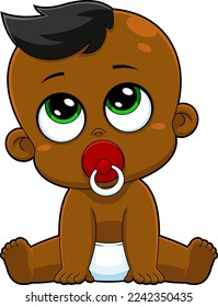 African American Baby Boy Cartoon Character Sitting With Pacifier In Mouth And Diapers. Vector Hand Drawn Illustration Isolated On Transparent Background