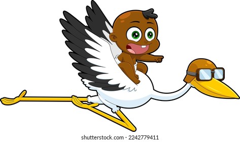 African American Baby Boy Flying On Top Of A Stork Cartoon Characters. Vector Hand Drawn Illustration Isolated On Transparent Background