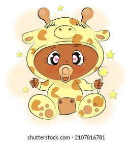 African American baby dressed as a giraffe. Funny cartoon character looks with cute little eyes and holds a rattle in his hands Vector illustration