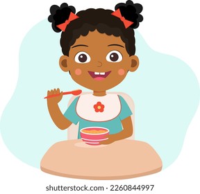 African american baby girl has a meal. Cartoon character. Smiling little girl with a plate of porridg and spoon. Baby food. Flat vector illustration. 