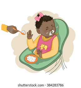African american baby girl sitting in the baby chair refuses to eat pap, vector image, eps10