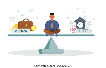 An African American is balancing between work and life. Career or family relationships. Choice. Vector illustration in cartoon style