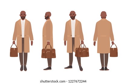 African American bald man dressed in elegant trench coat or outerwear. Male cartoon character isolated on white background. Front, side and back views. Set of outfits. Flat vector illustration.