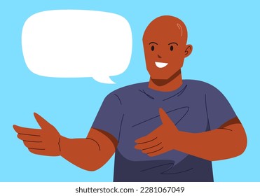 african american bald man is explaining with blank speech bubble, talking. hand gesture poses. concept of presentation, communication, speaking. flat vector illustration.