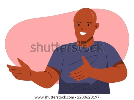 african american bald man is explaining, talking. hand gesture poses. concept of presentation, communication, speaking. flat vector illustration. Сток-фото © 