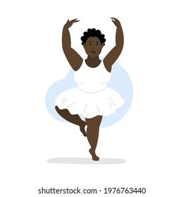 African American ballerina. Dancing woman plus size. Isolated cartoon character in dynamic. Black skin human dancing classic ballet.