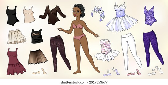 African American ballerina girl paper doll with set of clothes and pointe shoes.  Body template and outfit for cutting