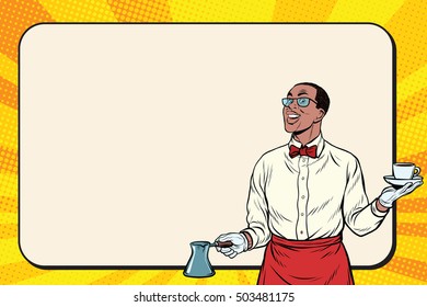 African American Barista made freshly ground coffee, pop art retro illustration. Billboard copy space background