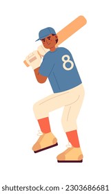 Un jugador de béisbol afroamericano en posición de bateo con carácter vector colorido y semiplano. El bateador sostiene al bate. Persona de cuerpo completo editable sobre blanco. Ilustración simple de dibujos animados para el diseño gráfico web