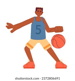 African american basketball player semi flat color vector character. Man shooting basketball ball. Editable full body person on white. Simple cartoon spot illustration for web graphic design