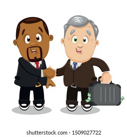 African american bearded man, ceo in formal suit shaking hands with aged, elderly man, banker, business partner, investor who holding attache case with money. Vector cartoon isolated on white.