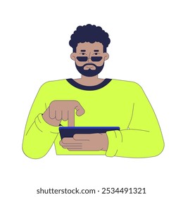 African american bearded man typing tablet touch screen 2D cartoon character. FOMO tech. Sunglasses black guy using gadget isolated person flat vector on white background. Spot illustration colorful