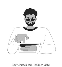 Homem barbudo afro-americano digitando tablet touch screen preto e branco 2D personagem linha. Tecnologia FOMO. Óculos de sol preto cara usando gadget isolado vetor contorno pessoa. Ilustração de ponto monocromático