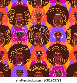 African American beauties with different hairstyles and colorful traditional elements. Seamless pattern