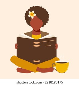 African American beautiful female student sits with an open book and reads barefoot in the library with a cup of tea. The concept of online education and useful reading. Vector.