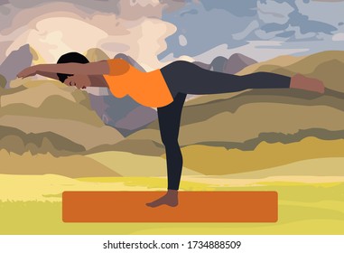 African American beautiful pregnant woman practice in fitness, pregnant yoga exercise at savannah landscape , vector EPS 10
